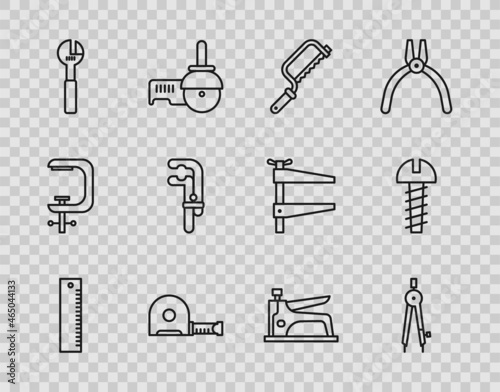 Set line Ruler, Drawing compass, Hacksaw, Roulette construction, Adjustable wrench, Clamp tool, Construction stapler and Metallic screw icon. Vector