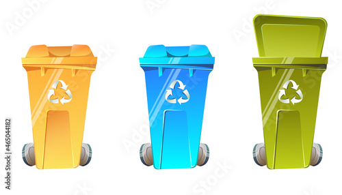 Set of Different colored trash cans for recycling. Segregate waste, sorting garbage, waste management. White background. Vector illustration, flat style.