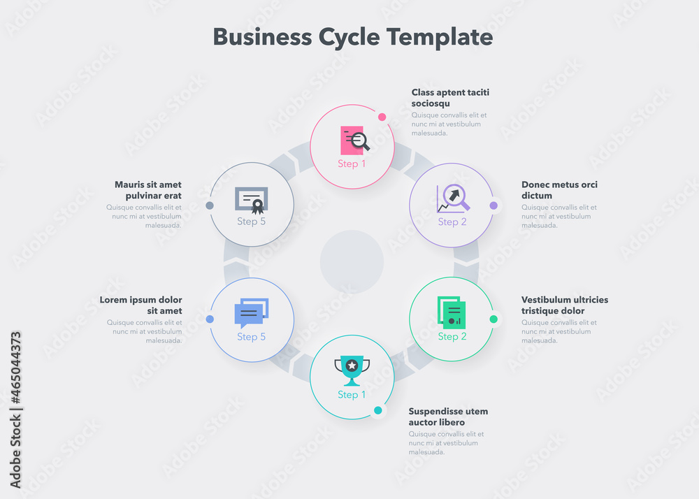 Simple concept for business cycle diagram with six steps and place for your description. Flat infographic design template for website or presentation. Simple concept for business cycle diagram with six steps and place for your description. Flat infographic design template for website or presentation.