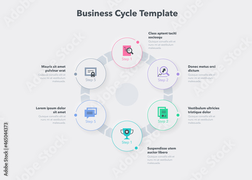 Simple concept for business cycle diagram with six steps and place for your description. Flat infographic design template for website or presentation.