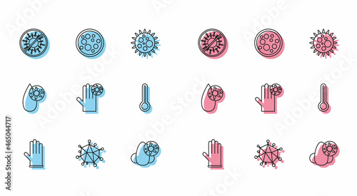 Set line Medical rubber gloves, Virus, Stop virus, Runny nose and, Hand with, thermometer, Blood test and icon. Vector