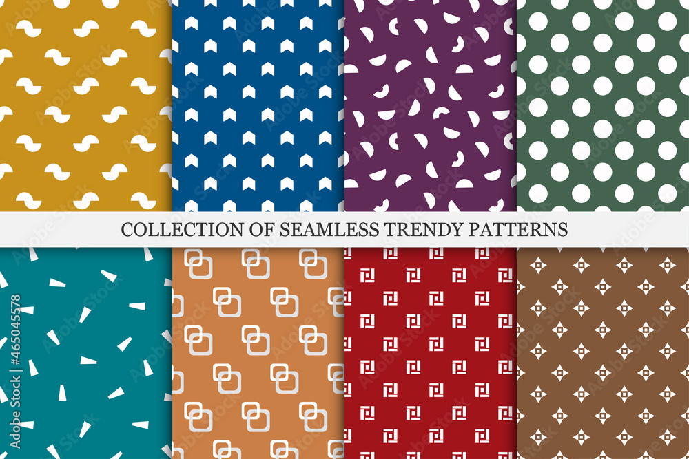 Collection of bright colorful seamless patterns. Creative trendy backgrounds - textile prints Collection of bright colorful seamless patterns. Creative trendy backgrounds - textile prints