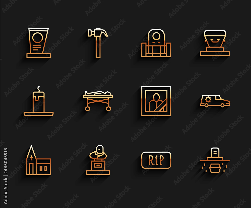 Set line Church building, Grave with tombstone, Speech bubble rip death, coffin, Dead body the morgue, Hearse car and Mourning photo frame icon. Vector Set line Church building, Grave with tombstone, Speech bubble rip death, coffin, Dead body the morgue, Hearse car and Mourning photo frame icon. Vector