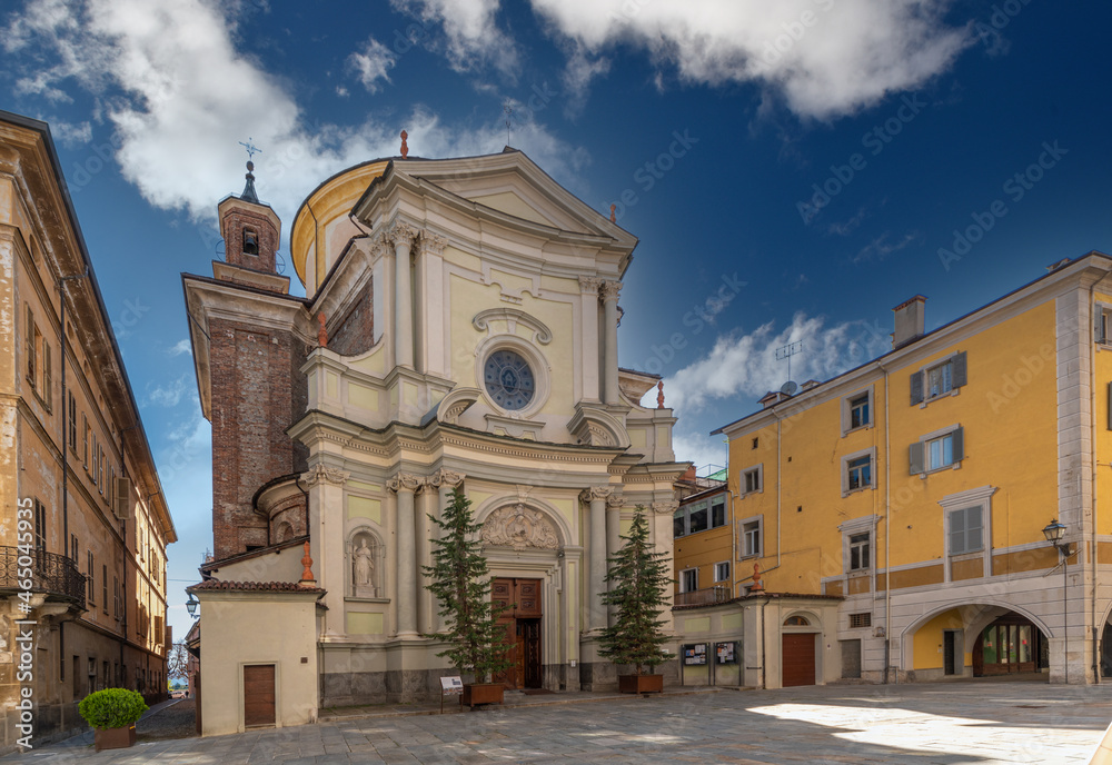 Cuneo, Piedmont, Italy - October 6, 2021: Church of St Ambrose (1743 Francesco Gallo project) in Via Roma