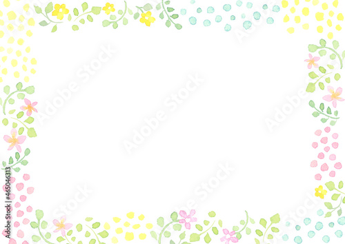 水彩で描いたナチュラルな花と水玉の背景イラスト