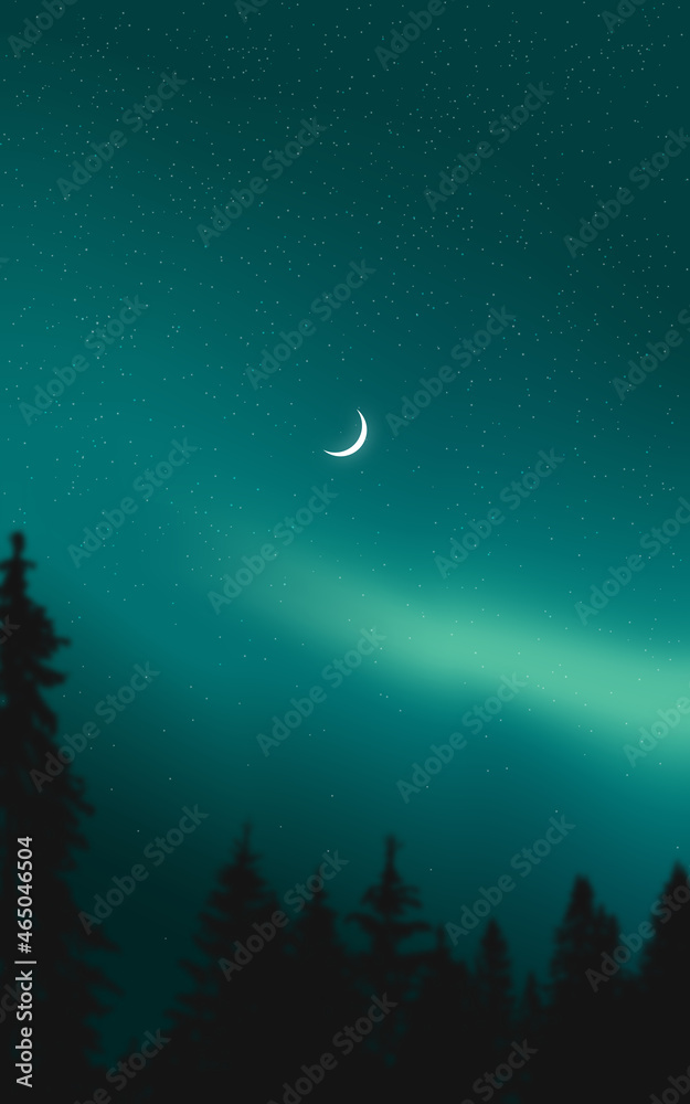Fototapeta premium Starry green sky and forest silhouette. Vector illustration.
