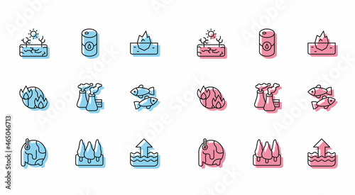 Set line Global warming, Forest, Drought, Rise water level, Smoke from factory, Dead fish, fire and Barrel oil icon. Vector