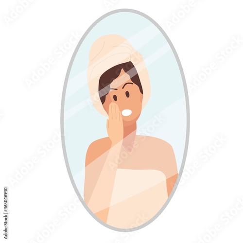 Disgruntled Woman looks in mirror. Skin imperfections. Woman with towel on her head holds hand at face. Girl Horrified About her skin. Flat vector illustration for cosmetic skin care concept.