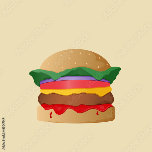 Image of a cheeseburger with lettuce, onion, tomato, cheese, cutlet and ketchup. The ketchup sticks to the bottom bun. 