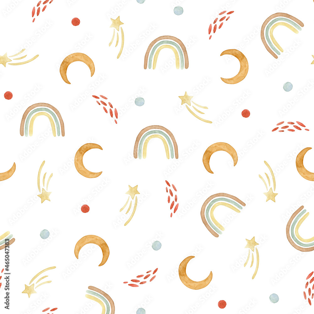 Watercolor seamless pattern with moon, rainbow, stars, polka dot. Isolated on white background. Hand drawn clipart. Perfect for card, fabric, tags, invitation, printing, wrapping.
