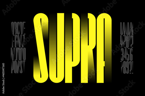 Modern condensed font with gradient elements, alphabet and numbers vector illustration
