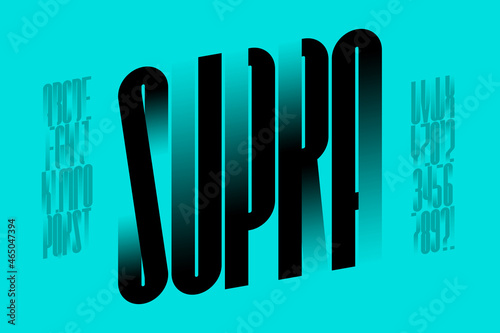 Modern condensed font with gradient elements, alphabet and numbers vector illustration