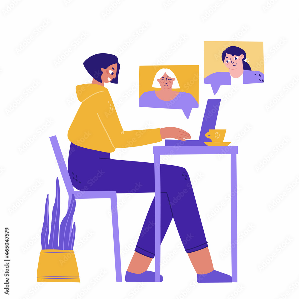 meeting of friends by video link. meeting from home. girls communicate through video communication. social distance. vector illustration flat. meeting of friends by video link. meeting from home. girls communicate through video communication. social distance. vector illustration flat.