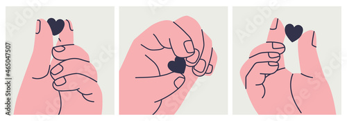 Set of illustrations of a giant human hand holding a heart with two fingers. Vector eps 10.