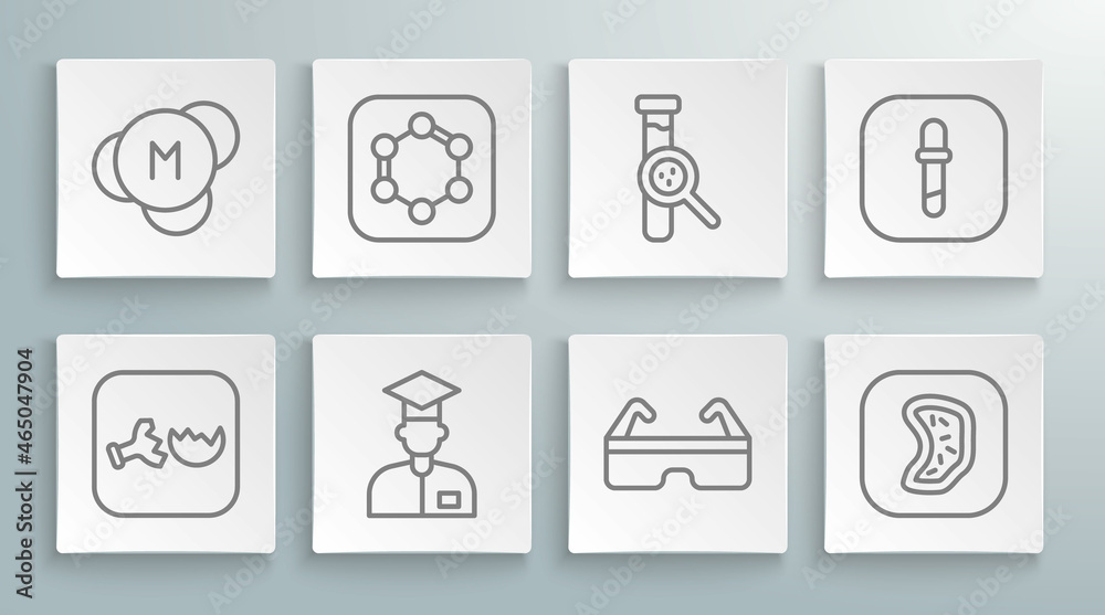 Set line Broken flask, Formula of benzene rings, Laboratory assistant, Safety goggle glasses, Bacteria, Test tube and, Pipette and Molecule icon. Vector Set line Broken flask, Formula of benzene rings, Laboratory assistant, Safety goggle glasses, Bacteria, Test tube and, Pipette and Molecule icon. Vector