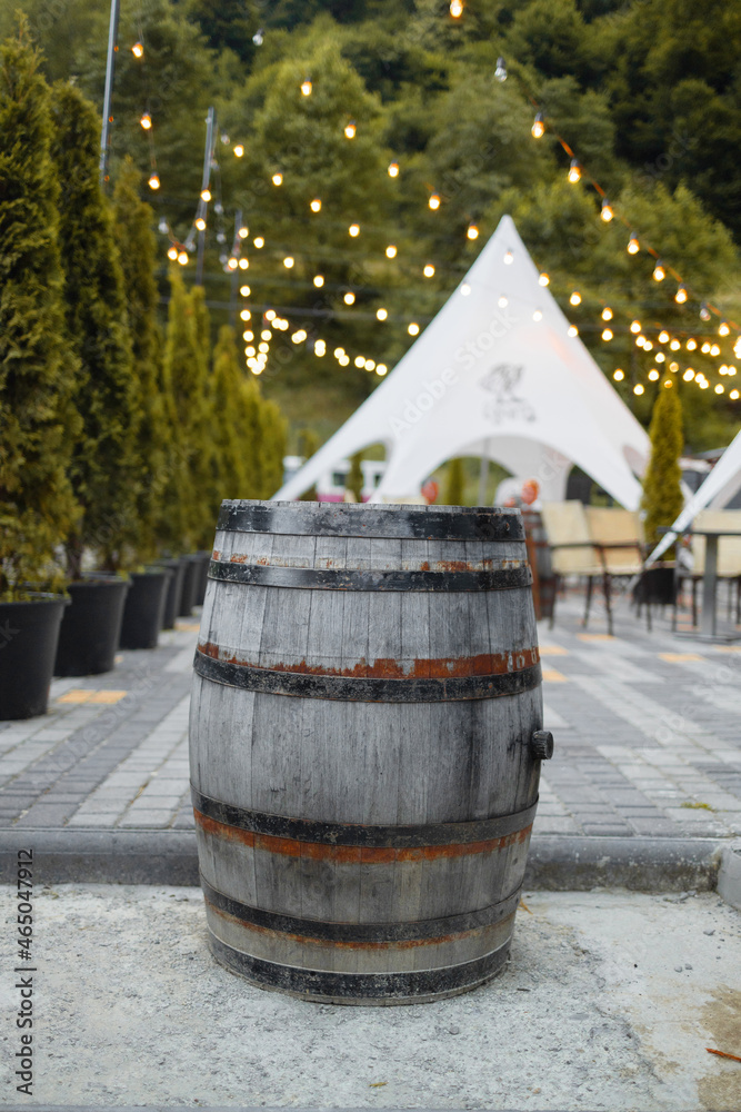 Green thuja in flowerpot in the street. A wooden old barrel outdoor in street cafe. Green thuja in flowerpot in the street. A wooden old barrel outdoor in street cafe.
