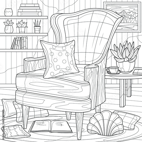 Cabinet. Armchair with cushions interior.Coloring book antistress for children and adults. Illustration isolated on white background.Zen-tangle style. Hand draw