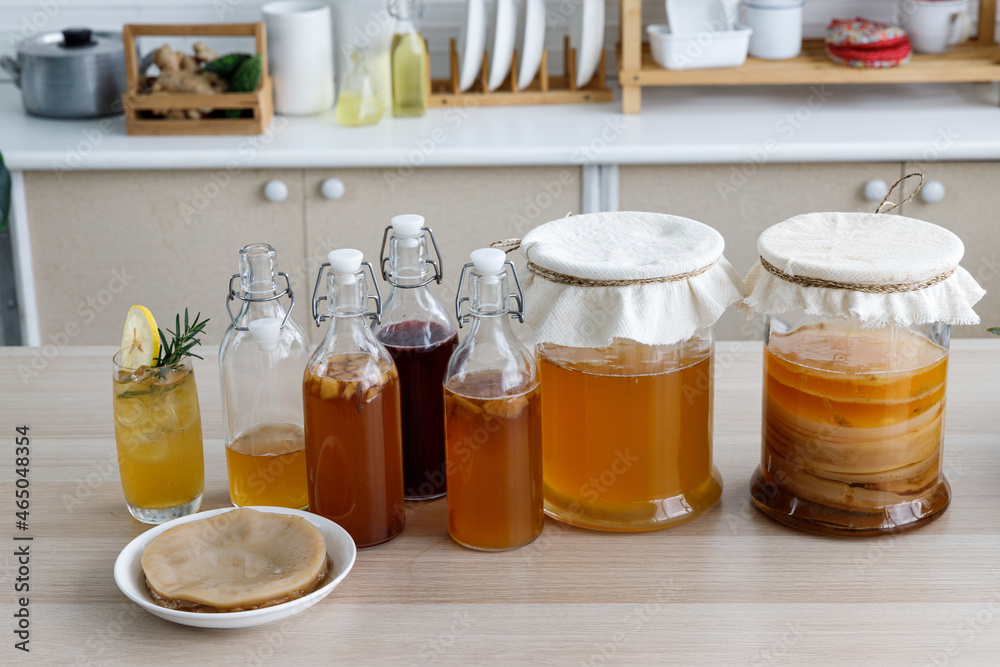 Kombucha tea, Kombucha fermented drink, bacteria and yeast, fermentation, probiotic, Scoby, mushroom pro biotic, healthy fermented tea Kombucha tea, Kombucha fermented drink, bacteria and yeast, fermentation, probiotic, Scoby, mushroom pro biotic, healthy fermented tea