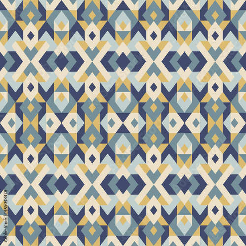 Mosaic seamless texture. Abstract pattern. Vector geometric background of triangles in dark blue and yellow colors