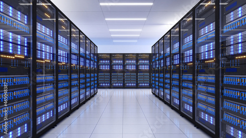 Shot of Data Center With Multiple Rows of Fully Operational Server Racks. Modern Telecommunications  Artificial Intelligence large server area 3d rendering