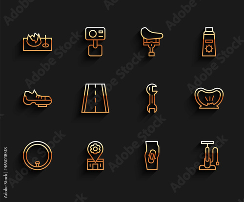 Set line Bicycle wheel, repair service, on street ramp, Plaster leg, pump, lane, punctured tire and Wrench spanner icon. Vector