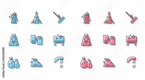 Set line Garbage bag, Electric iron, Clean vase, Shower head, Rubber gloves, table, Cleaning lady service and Handle broom icon. Vector