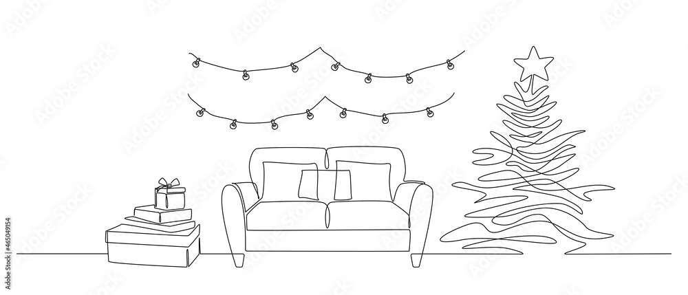 One continuous Line drawing of festive interior with sofa and christmas tree, gift boxes and garland. Modern furniture for living room decor in simple linear style. Doodle vector illustration