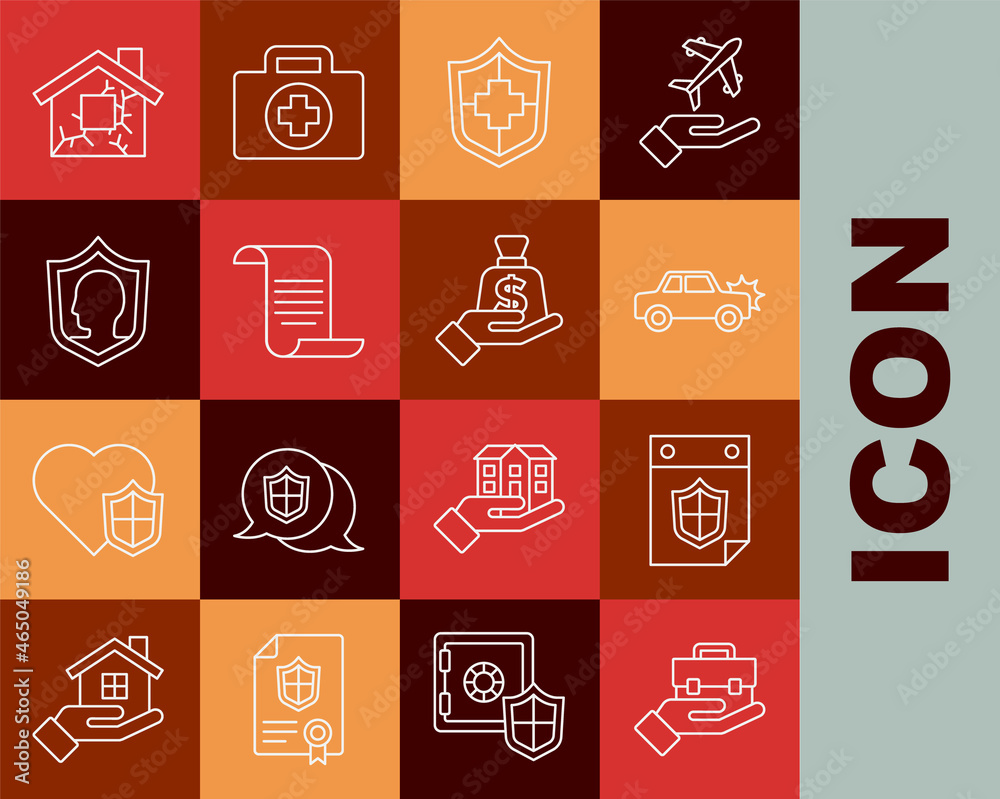 Set line Hand holding briefcase, Calendar with shield, Car, Life insurance, Document, House and Money hand icon. Vector