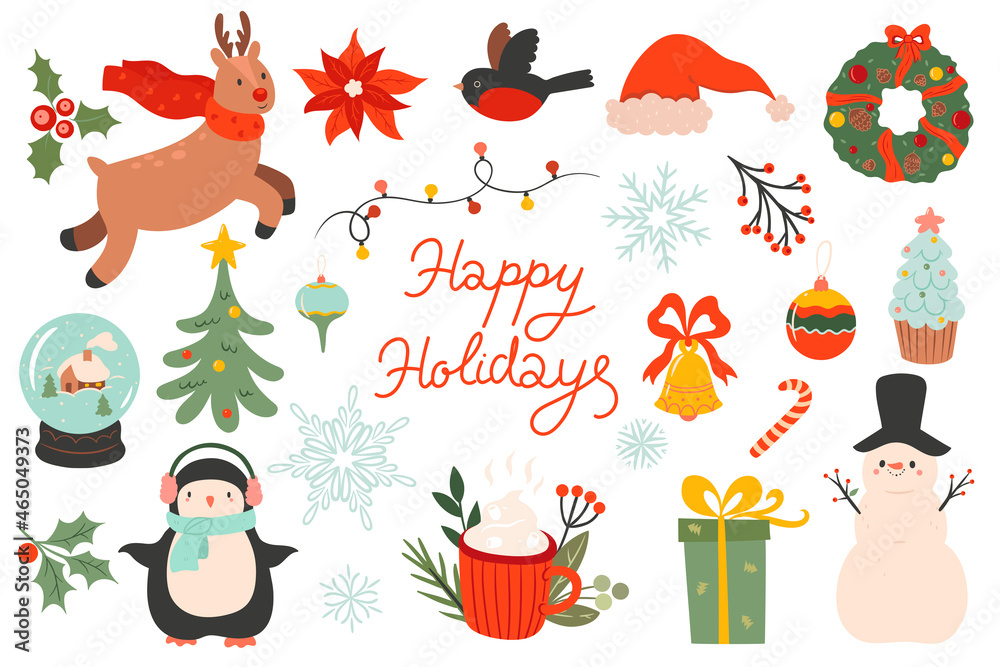 Fototapeta premium Christmas set of elements isolated on white background. Vector graphics.