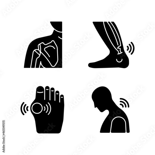 Musculoskeletal pain black glyph icons set on white space. Dislocated shoulder. Muscles overstretching. Uric acid buildup. Neck rheumatism. Silhouette symbols. Vector isolated illustration