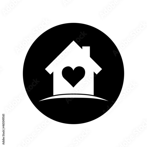 house icon with a heart inside in a round frame, black outline isolated on a white background, vector illustration