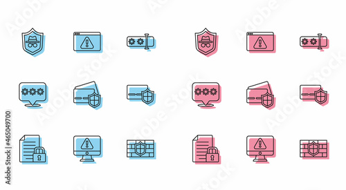 Set line Document and lock, Monitor with exclamation mark, Incognito mode, Shield brick wall, Credit card shield, Password protection and Browser icon. Vector