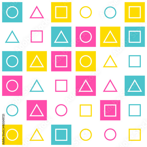 Matching pairs geometry game memory training. Circle, triangle, square tile on pink teal yellow white background