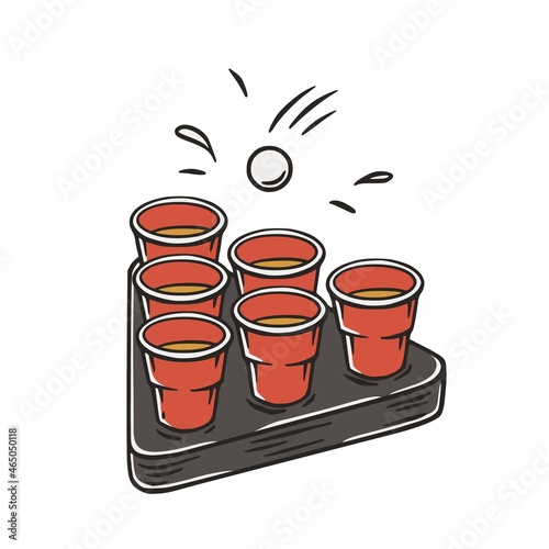 Beer pong game. Beer cups and flying ball for design competition or tournament in bar. Alcohol sport with throw and drink. College challenge with booze