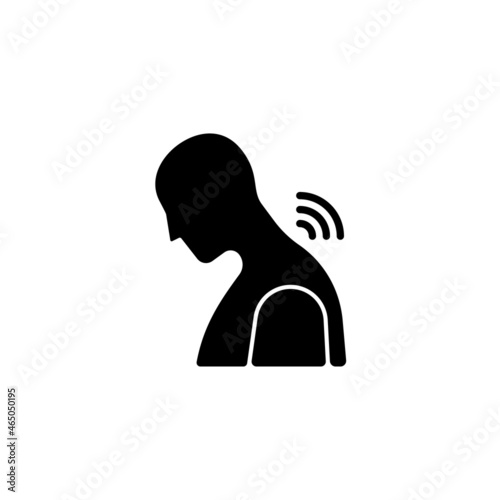 Neck rheumatism black glyph icon. Joints inflammation. Cervical spondylosis. Prolonged hunching. Osteoarthritis. Rheumatoid arthritis. Silhouette symbol on white space. Vector isolated illustration