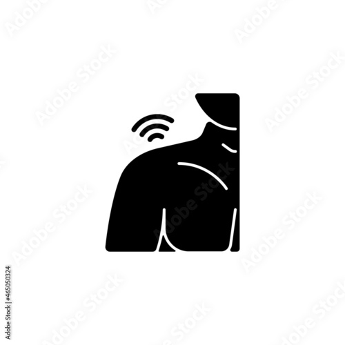 Shoulders rheumatism black glyph icon. Inflammatory process. Shoulder joints deformity. Autoimmune disease. Rheumatoid arthritis. Silhouette symbol on white space. Vector isolated illustration