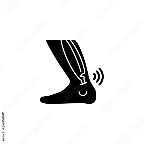 Joint strains black glyph icon. Muscles overstretching. Abnormal tendon stretch. Musculoskeletal injury. Ankle ligaments tearing. Silhouette symbol on white space. Vector isolated illustration