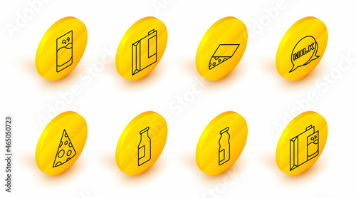 Set line Paper package for milk, Drinking yogurt in bottle, Bottle with, Cheese, Lettering, kefir and Glass icon. Vector
