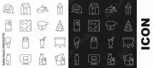 Set line Milk jug or pitcher and glass, Udder, Cheese, Butter in butter dish, Glass with milk, and Yogurt container icon. Vector