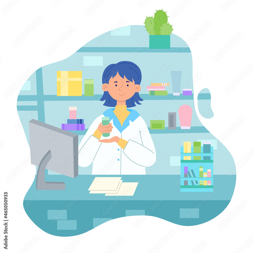 Vector illustration of a pharmacist's girl in a pharmacy with medicines Vector illustration of a pharmacist's girl in a pharmacy with medicines