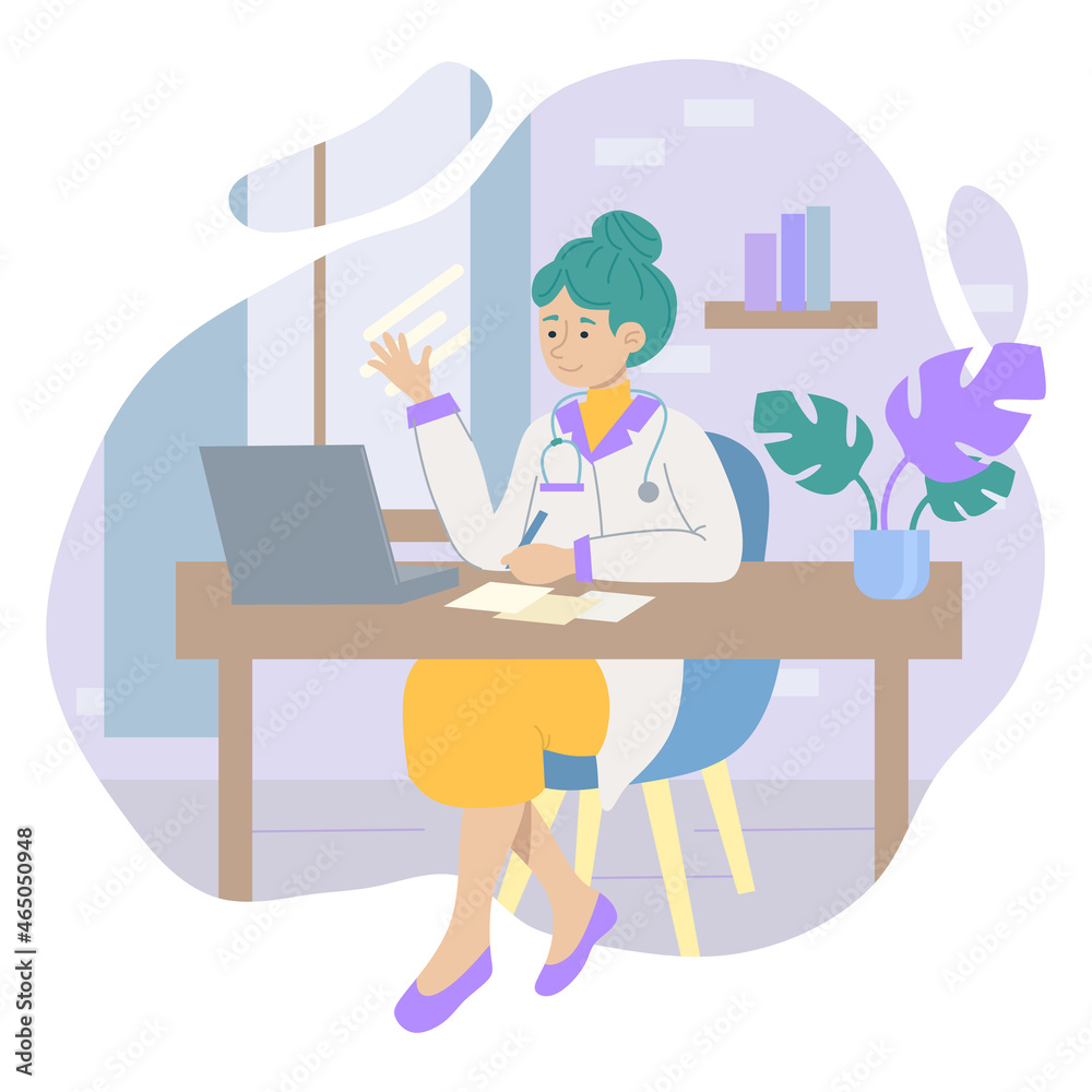 Vector illustration of a girl therapist sitting in her office at the reception of patients