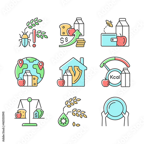 Hunger reasons RGB color icons set. Pests and harvest loss danger. Poverty and starvation. Financial problem that lead to hunger. Isolated vector illustrations. Simple filled line drawings collection