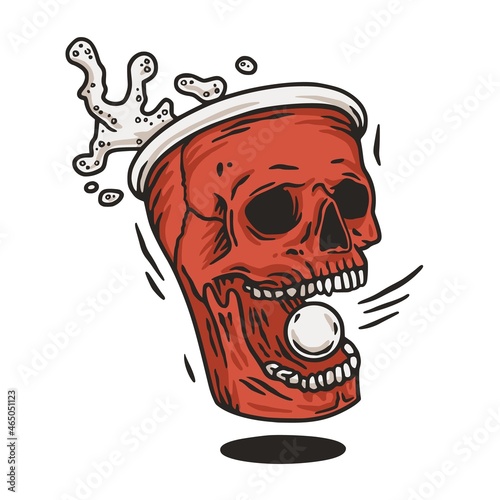 Beer pong game. Beer cup skull and flying ball with foam splash. Design for competition or tournament in bar. Alcohol sport with throw and drink. College challenge with booze