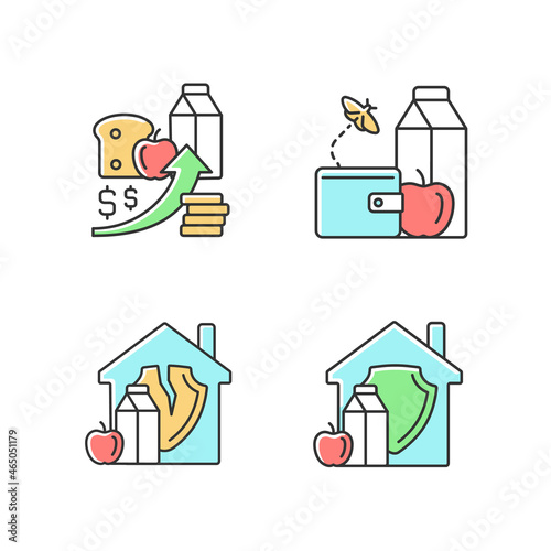 Poverty and hunger RGB color icons set. No money for products. Increased prices. Food insecurity. Household nutrition security. Isolated vector illustrations. Simple filled line drawings collection