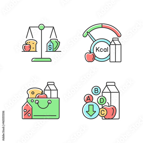 Insufficient food consumption RGB color icons set. Malnutrition and hunger issue. Grocery products sale. Food justice. Isolated vector illustrations. Simple filled line drawings collection