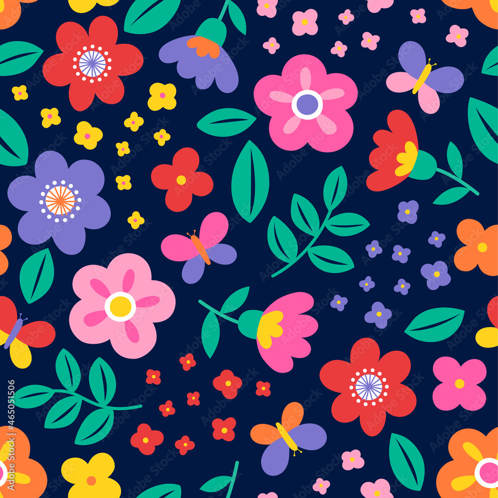 Colorful cute flower and butterfly seamless pattern background.