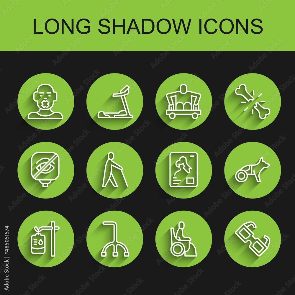 Set line IV bag, Walking stick cane, Head of deaf and dumb, Woman wheelchair, Eyeglasses, Blind human holding, Dog and X-ray shots icon. Vector Set line IV bag, Walking stick cane, Head of deaf and dumb, Woman wheelchair, Eyeglasses, Blind human holding, Dog and X-ray shots icon. Vector
