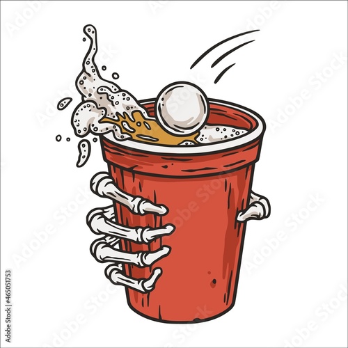 Beer pong game. Beer cup with skeleton hand, flying ball and foam splash. Design for competition or tournament in bar. Alcohol sport with throw and drink. College challenge with booze