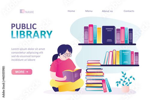 Young girl reading various books in public library. Shelves with lot of literature of different genres