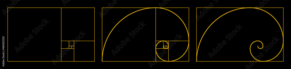 Golden Ratio Fibonacci set. A spiral for harmony, composition, logos and designs. Correct proportions.